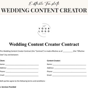 Wedding Content Creator Contract, Editable Content Creator Services Agreement, Wedding Photography Contract, Videography Event Forms