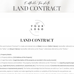 Plantilla de contrato de compraventa de tierras editable - Formulario de acuerdo de compraventa de tierras - Documento Word y PDF - Personalizable para transacciones de propiedad fluidas