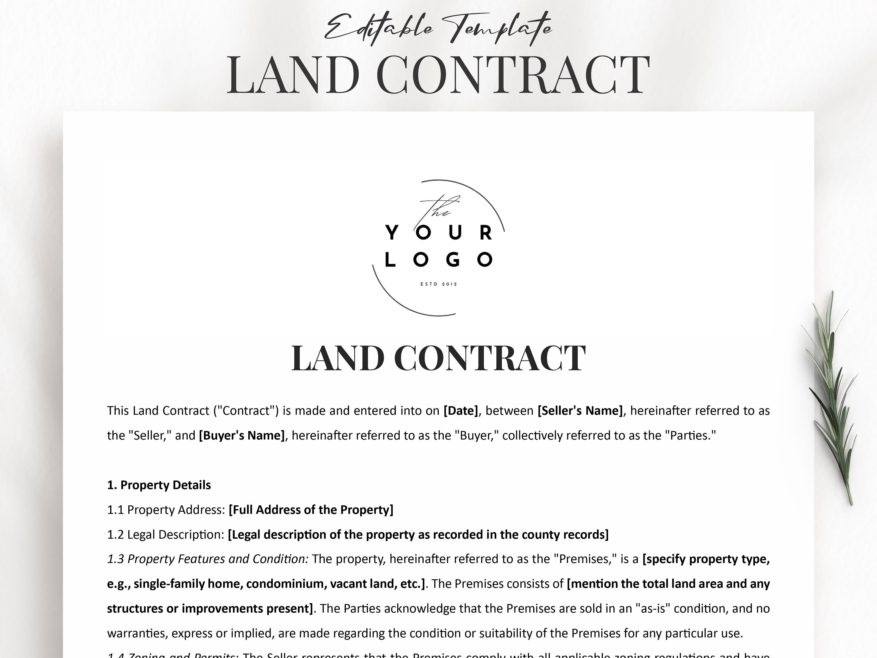 Editable Land Contract Template - Land Agreement Form - Word & PDF ...
