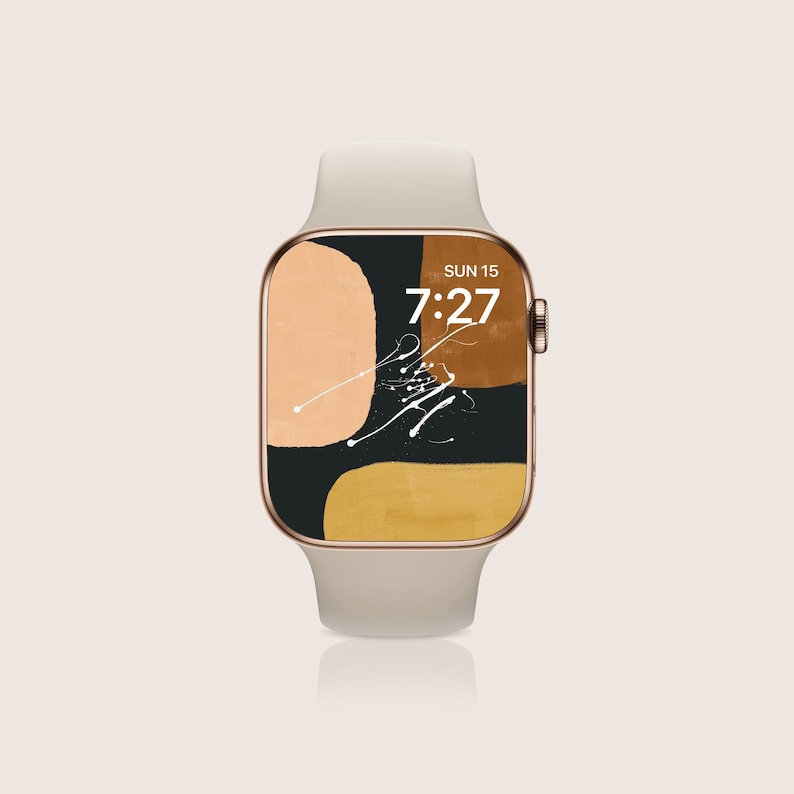 May include: A white Apple Watch with a gold band and a brown, black, and beige abstract art watch face. The watch face displays the time 7:27 and the date SUN 15.