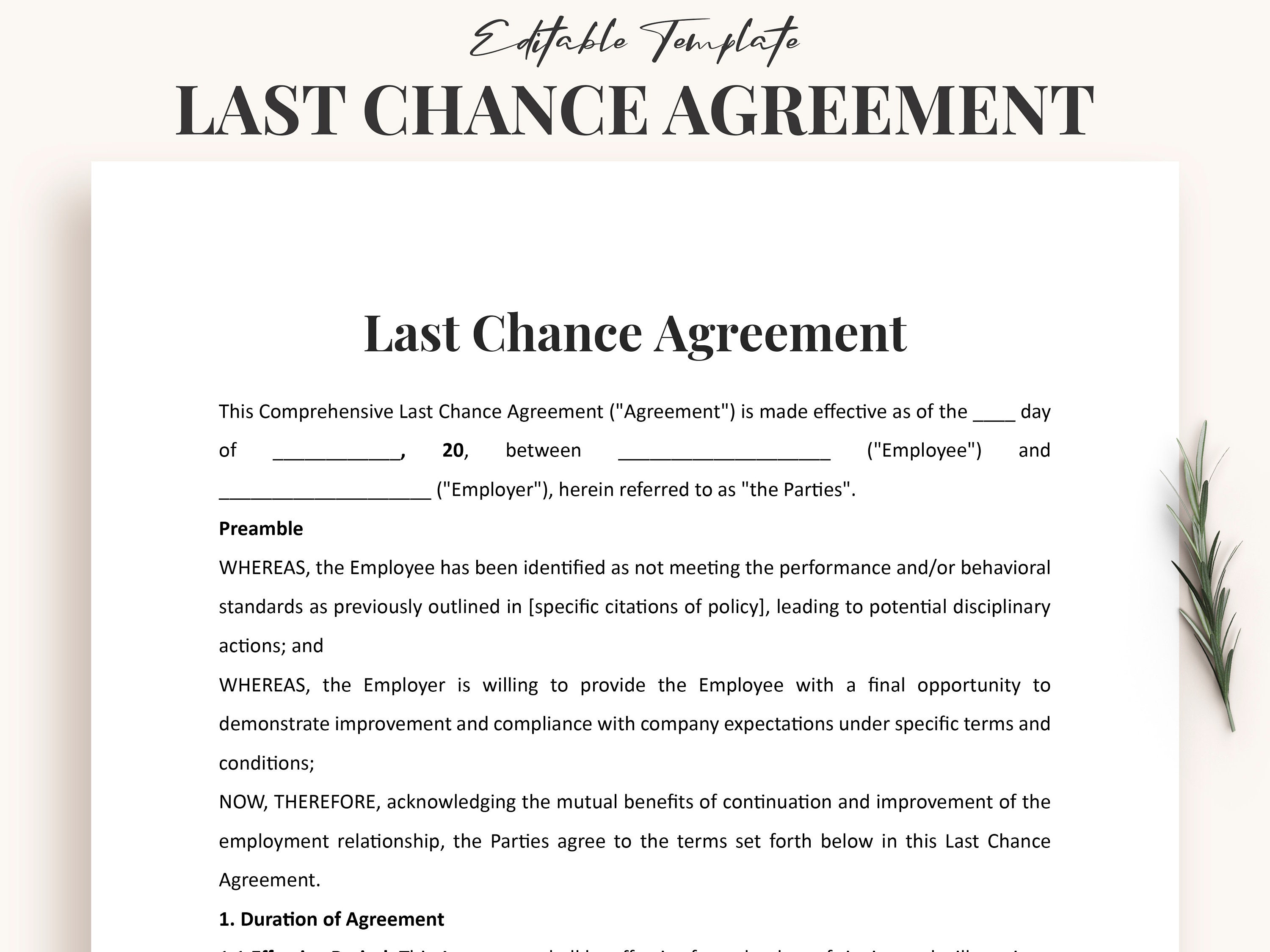Last Chance Agreement Template - Editable Word & PDF Document for ...
