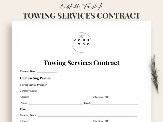 Comprehensive Towing Contract Template - Editable, Printable Agreement for Towing Services - Tow Truck - PDF & Word - Instant Download