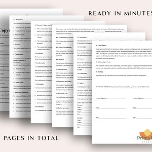 May include: A stack of white paper documents with black text, including a copyright agreement. The text "READY IN MINUTES!" and "6 PAGES IN TOTAL" are also visible. The documents are for business or legal use.