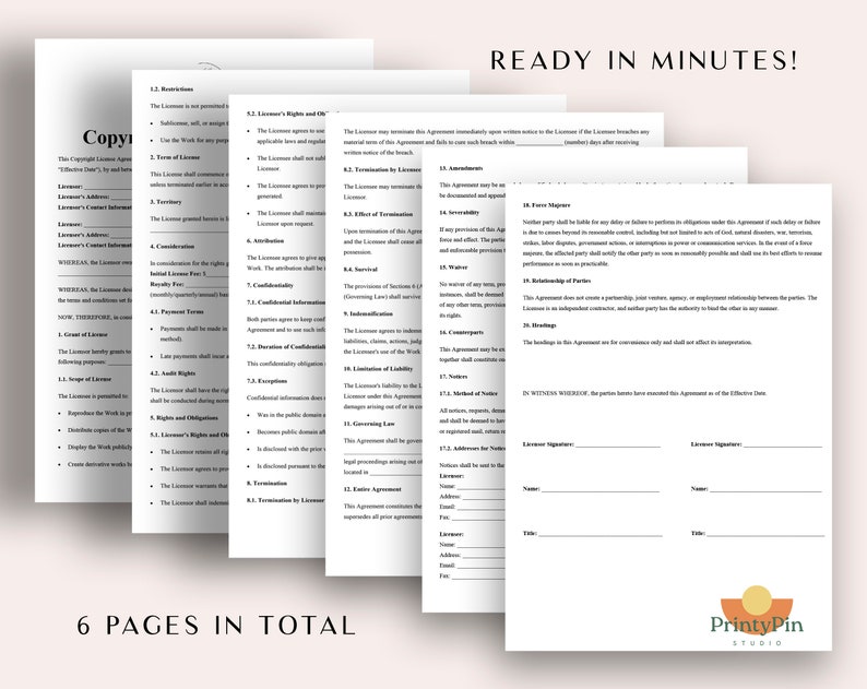 May include: A stack of white paper documents with black text, including a copyright agreement. The text "READY IN MINUTES!" and "6 PAGES IN TOTAL" are also visible. The documents are for business or legal use.