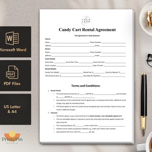 May include: A black and white printable Candy Cart Rental Agreement form with the title "Candy Cart Rental Agreement" and the text "This Agreement is made between:"  The form includes sections for the owner and renter's names, addresses, phone numbers, and email addresses.  It also includes sections for event details, rental details, and terms and conditions.