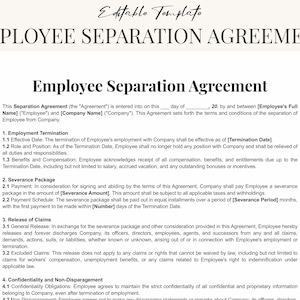 May include: A legal document titled "Employee Separation Agreement" outlining the terms and conditions of an employee's separation from a company. The document includes sections on employment termination, severance package, release of claims, and confidentiality and non-disparagement.