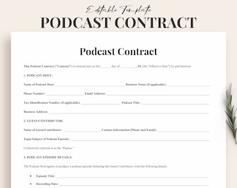 Può includere: Un modello di contratto di podcast stampabile in bianco e nero con il titolo "Podcast Contract" in alto. Il contratto include sezioni per l'Host del Podcast, l'Ospite/Collaboratore e i Dettagli dell'Episodio del Podcast.