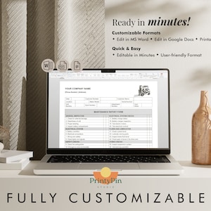 May include: A laptop computer displaying a customizable forklift maintenance report form template. The form includes sections for general inspection, electrical system, safety checks, and other checks. The template is available in Word, Google Docs, and PDF formats. The text "Ready in minutes!" and "Fully Customizable" is displayed on the image.