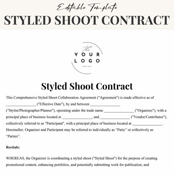 Editable Styled Shoot Contract Template for Photographers & Vendors - Agreement Form, Digital Download for Wedding, Fashion, Editorial Shoot