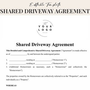 May include: A black and white legal document titled "Shared Driveway Agreement". The document is a template for an agreement between two or more property owners who share a driveway.