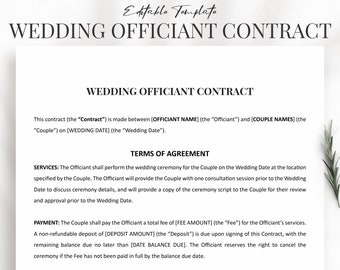 Plantilla de contrato de oficiante de bodas, términos y condiciones editables para ceremonias de matrimonio, formulario de acuerdo de pareja para servicios de proveedores de eventos de bodas.