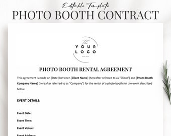Puede incluir: Una plantilla de contrato de alquiler de cabina de fotos en blanco y negro con el texto "Photo Booth Rental Agreement" y "Event Details" con la siguiente información: Fecha del evento, Hora del evento, Lugar del evento y Dirección del evento.
