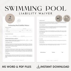 May include: A two-page swimming pool liability waiver template in a beige and brown color scheme. The document includes sections for participant information, waiver and release of liability, medical treatment, rules and regulations, photographic release, governing law, severability, and entire agreement. The document is available for instant download in MS Word and PDF formats.