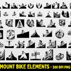 May include: A collection of 50 black and white mountain bike-themed graphic elements. The designs feature cyclists riding on various terrains, including mountains and trails. Text elements include "Ride Free" and "Ride On".
