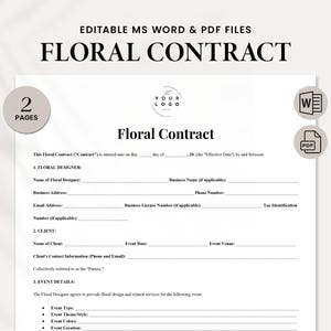 Modello di contratto floreale personalizzabile per matrimoni ed eventi - Contratto di composizione floreale professionale - Contratto di fiorista - Download immediato