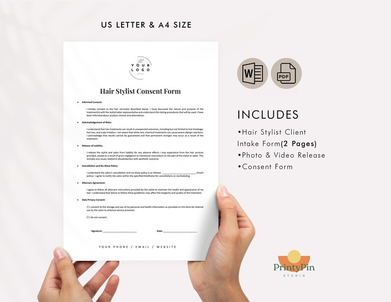 May include: A black and white printable hair stylist consent form template. The form includes sections for informed consent, acknowledgement of risks, release of liability, cancellation and no show policy, aftercare agreement, data privacy policy, and signatures. The document is available in both Word and PDF formats.