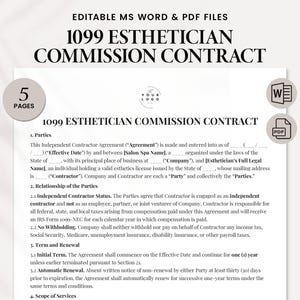 1099 Esthetician Commission Contract Template - Independent Contractor Agreement for Spa and Beauty Salon - Editable PDF Business Legal Form