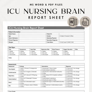ICU Nursing Brain Report Sheet Template | Printable ICU Nurse Report | Editable Nursing Brain Sheet PDF Form | Word Document