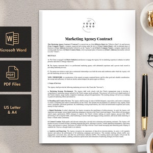 Op de afbeelding: Een zwart-wit document met de titel "Marketing Agency Contract" in vetgedrukte, witte tekst. Het document beschrijft de voorwaarden van een marketing-agentschapovereenkomst, inclusief de reikwijdte van de diensten, de ontwikkeling van de marketingstrategie, branding- en creatieve diensten, digitale marketing, contentcreatie, analyse en rapportage, en andere belangrijke bepalingen.