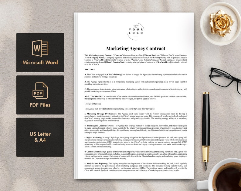Op de afbeelding: Een zwart-wit document met de titel "Marketing Agency Contract" in vetgedrukte, witte tekst. Het document beschrijft de voorwaarden van een marketing-agentschapovereenkomst, inclusief de reikwijdte van de diensten, de ontwikkeling van de marketingstrategie, branding- en creatieve diensten, digitale marketing, contentcreatie, analyse en rapportage, en andere belangrijke bepalingen.