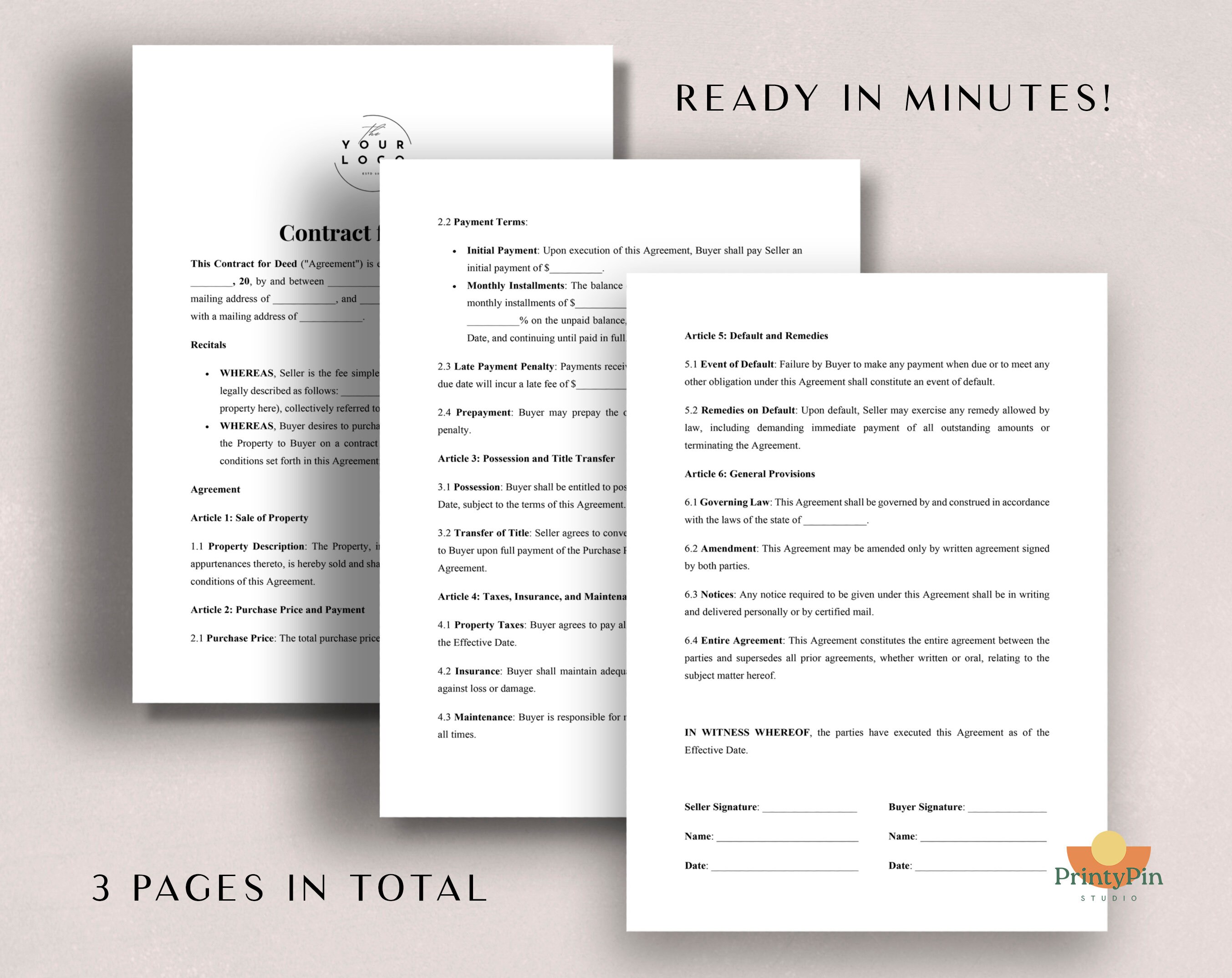 Contract for Deed Template - Customizable Contract for Home Purchase ...