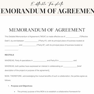Può includere: Un modello di memorandum di accordo stampabile in bianco e nero. Il testo recita "Memorandum di accordo" e include sezioni per "Recitali", "Scopo e obiettivi" e "Pertanto".