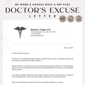 Plantilla de nota médica - Carta de excusa médica en formato PDF - Carta de excusa médica para el trabajo o la escuela - Editable - Documentos de GOOGLE - Microsoft WORD