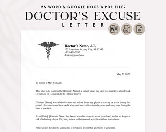 Doctor&#39;s Note Template - Doctor&#39;s Excuse Letter PDF - Doctor Excuse Work School - Editable - GOOGLE Docs - Microsoft WORD