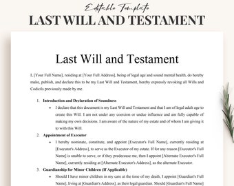 Last Will and Testament Template - Printable Legal Document for Estate Planning and Inheritance Rights - Instant Download- Customizable Word