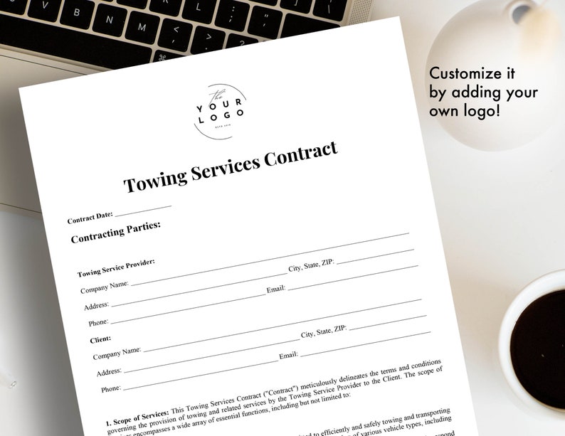 May include: A blank white contract template for towing services. The document includes sections for the contract date, contracting parties, towing service provider, and client information. The document also includes a section for the scope of services. The document has a placeholder for a logo at the top.