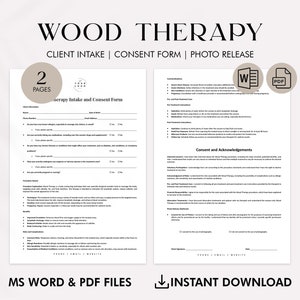 Puede incluir: Un formulario de admisión y consentimiento para la terapia de madera en dos páginas con un fondo marrón. El formulario incluye secciones para la información del cliente, las contraindicaciones, el consentimiento y las confirmaciones, y la publicación de fotos. El formulario está disponible para descarga instantánea en los formatos MS Word y PDF.