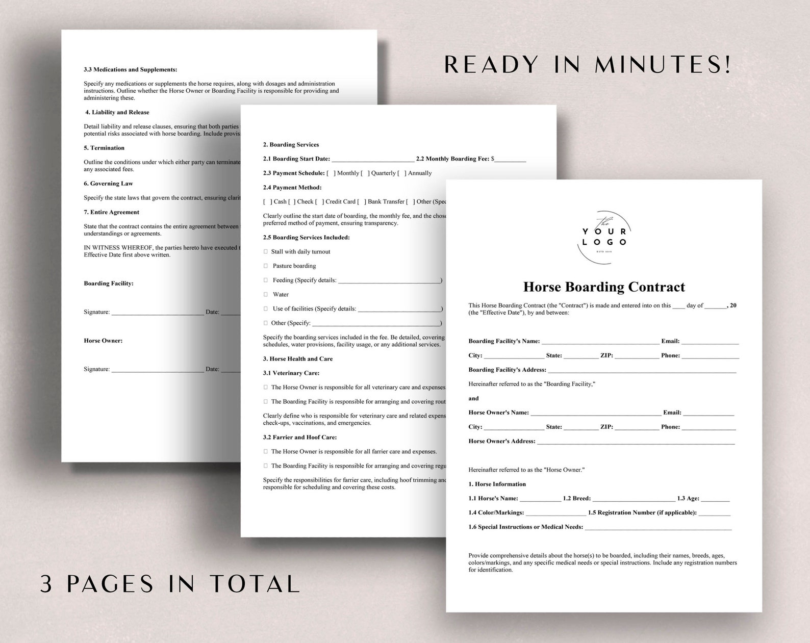 Horse Boarding Contract Template Word Editable & Printable Equine