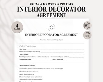 Interior Decorator Contract Template – Editable Client Agreement for Home Styling - Design Projects – Word & Printable PDF Instant Download