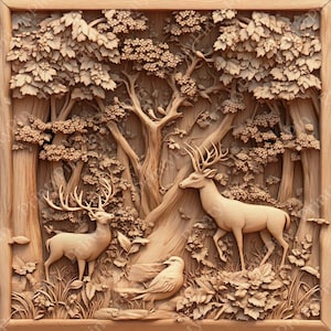 Lasergravur PNG-Datei, 3D-Illusion Bild Foto, Holz geschnitten schnitzen, Lightburn, Xtool, Glowforge, Co2, CNC, Natur, Hirsche, Bäume, Vogel png