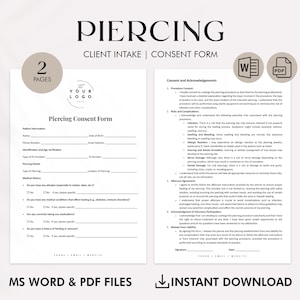 Piercing Consent Form Template - Professional Body Piercing Shop Forms, Tattoo and Piercing Studio Documents - Editable Word & PDF