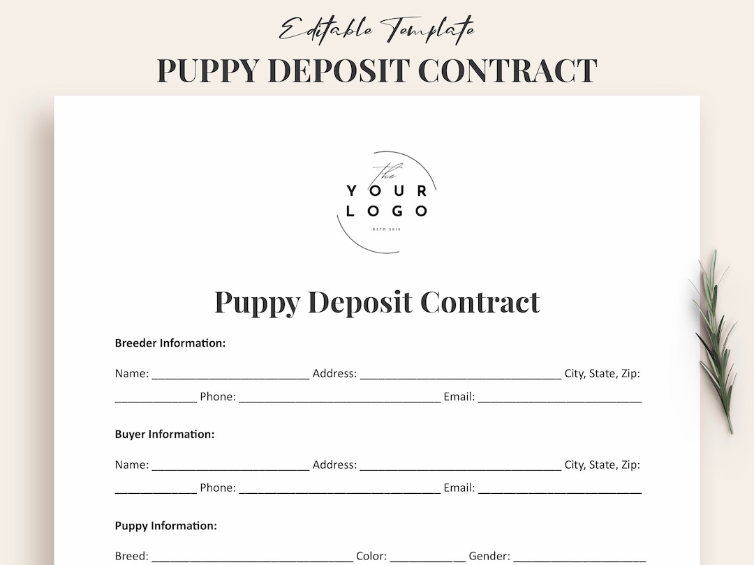 Puppy Deposit Contract Template | Detailed Puppy Sale Agreement | Printable Word & PDF Pet Contract Form - Etsy for Free Printable Puppy Deposit Contract