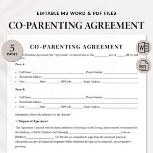 Co-Parenting Agreement Template - Custody and Visitation | Printable Shared Parenting Plan | Joint Custody Agreement | Co Parenting Contract