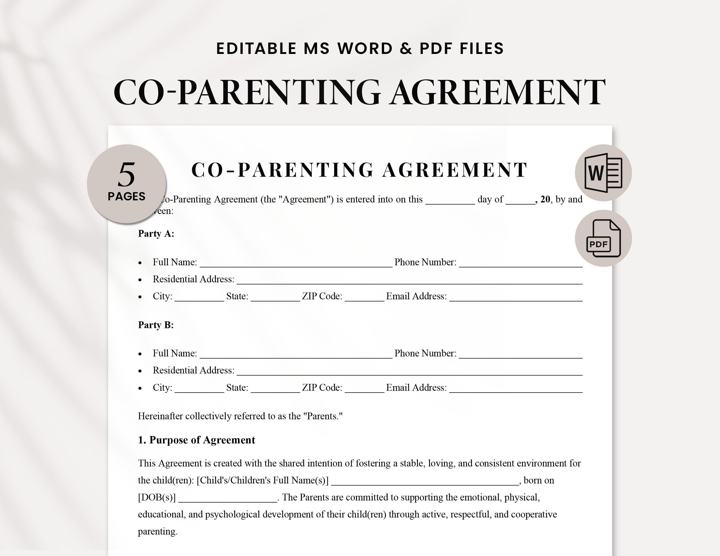 Co-Parenting Agreement Template - Custody and Visitation | Printable Shared Parenting Plan | Joint Custody Agreement | Co Parenting Contract