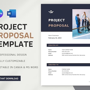 May include: A black and white project proposal template featuring a photograph of three people in a business meeting. The template includes sections for the date of submission, created by, and created to. The text "PROJECT PROPOSAL" is in a large, bold font at the top of the page.