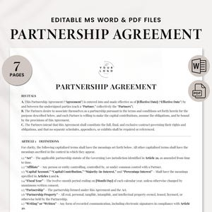 Comprehensive Partnership Agreement Template - Professional Business Partnership Contract PDF - Partnership Form - Editable MS Word Document