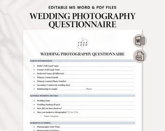 Modello di questionario per la fotografia di matrimonio / Modulo cliente modificabile per fotografi / Planner dettagliato per il giorno del matrimonio / Download in formato PDF e Word