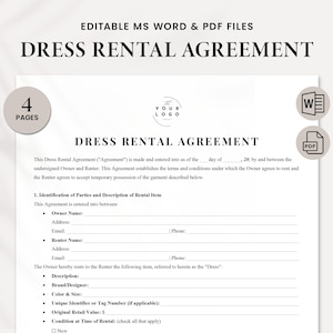Dress Rental Agreement Template | Ultra-Detailed PDF & Word Form | Clothing Lease Contract | Boutique Dress Rental Form | Instant Download
