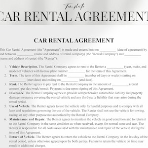Car Rental Agreement Template - Vehicle Rental Agreement - Car Rentals Contract - Editable Word, Google Docs and PDF File Instant download