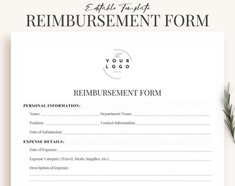 May include: A black and white printable reimbursement form with the text "REIMBURSEMENT FORM" at the top. The form includes sections for personal information, such as name, position, department, and contact information, as well as expense details, such as date of expense, expense category, and description of expense.
