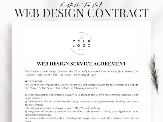 Freelance Web Design Contract Template | Editable Agreement Template for Web Designers | Simple Terms of Service for Custom Website Design