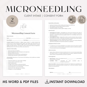 Può includere: Un modello di modulo di consenso per la Microneedling su due pagine in bianco e nero con un segnaposto per un logo grigio. Il modulo include sezioni per le informazioni del paziente, la panoramica della procedura, le indicazioni per la microneedling, le controindicazioni, i potenziali rischi e le esclusioni di responsabilità, il consenso informato, il riconoscimento dei rischi, la partecipazione volontaria, la fotografia e l'utilizzo dei dati, le istruzioni post-trattamento, l'accordo finanziario, la liberatoria di responsabilità e la firma del paziente.
