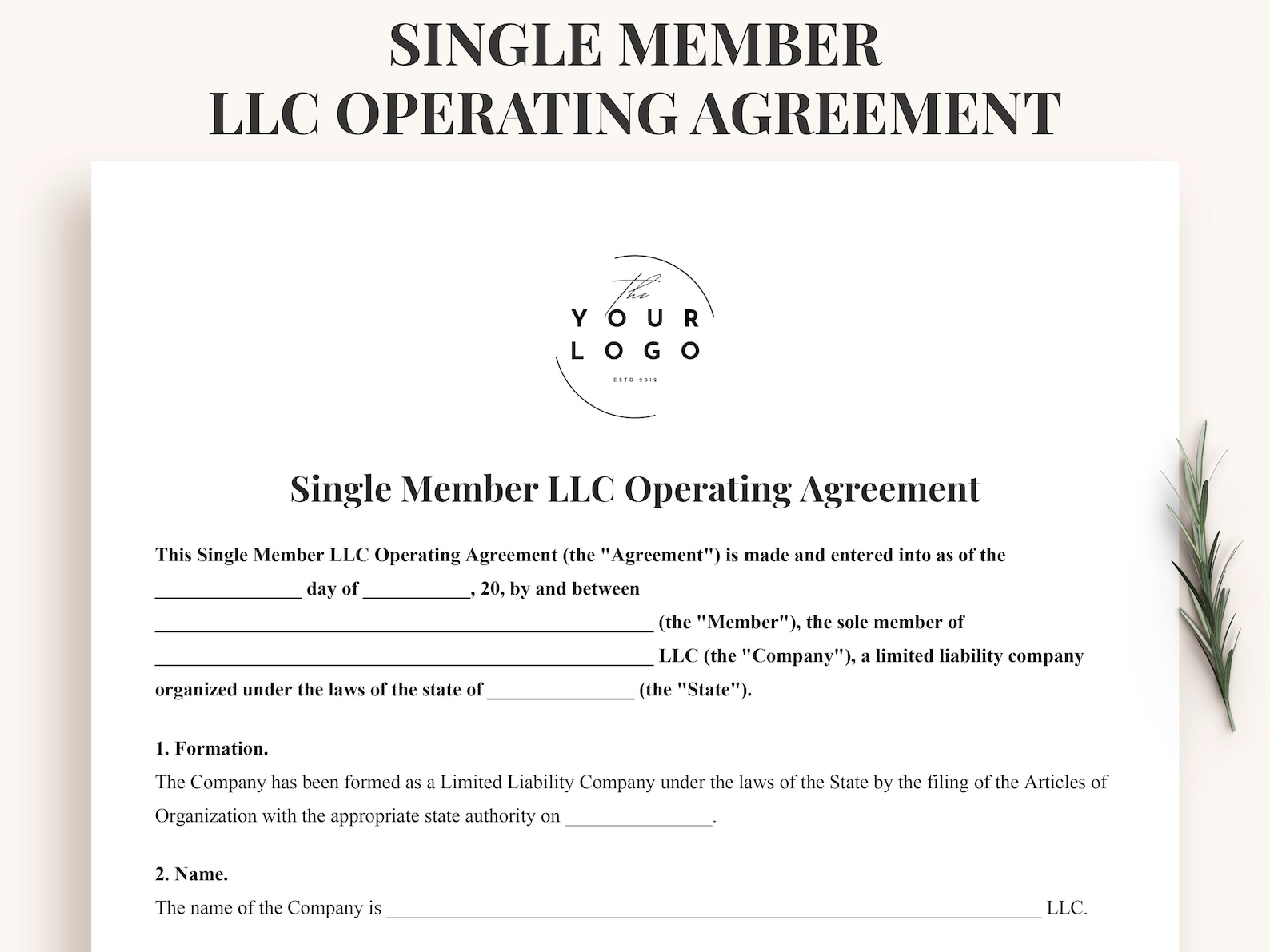 Single Member LLC Operating Agreement PDF - Detailed Single Member LLC ...