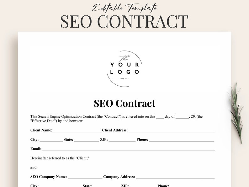 Puede incluir: Una plantilla de contrato SEO en blanco y negro con el texto "SEO Contract" y "The Your Logo" en un c&iacute;rculo. La plantilla incluye campos para la informaci&oacute;n del cliente y la empresa, incluyendo el nombre, la direcci&oacute;n, la ciudad, el estado, el c&oacute;digo postal, el n&uacute;mero de tel&eacute;fono y la direcci&oacute;n de correo electr&oacute;nico.