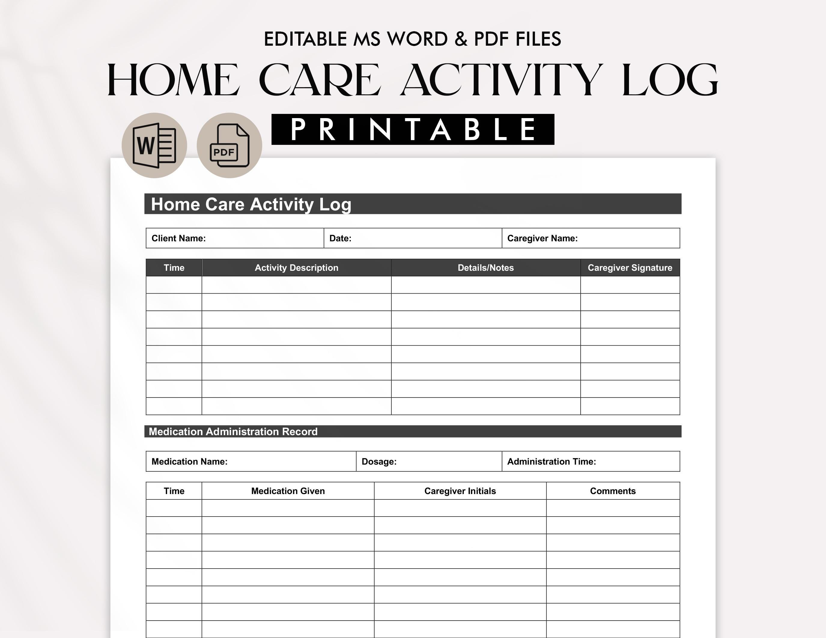 Home Care Activity Log Template | Daily Care Log | Caregiver Documentation Sheet | Printable & Editable Home Care Planner |Medication Record