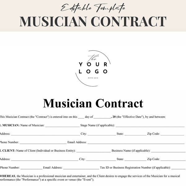 Editable Musician Contract Template Word - Professional Agreement for Musicians - Gig contract - Musician Collaboration - Instant Download